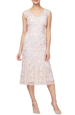 Alex Evenings Sequin Embroidered V-Neck Midi A-Line Dress Shell Pink at Nordstrom,