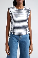 Veronica Beard Vinci Stripe Side Ruched Pima Cotton Top Off White/Marine at Nordstrom,