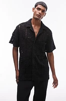 Topman Open Knit Camp Shirt Black at Nordstrom,