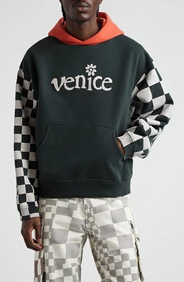 ERL Colorblock Checker Sleeve Graphic Hoodie Black at Nordstrom,