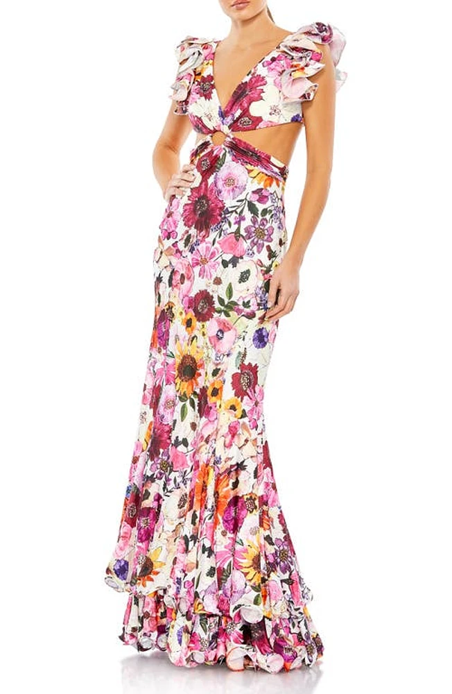 Mac Duggal Ruffle Floral Cutout Ballgown White Multi at Nordstrom,