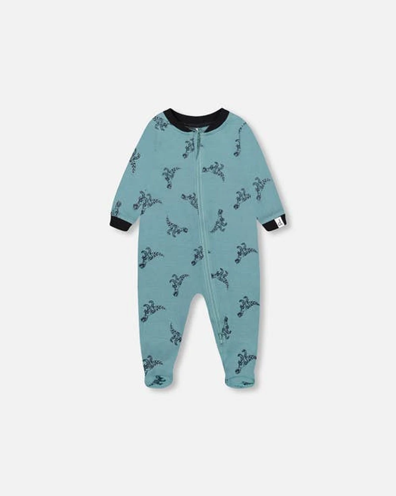 Deux Par Deux Baby Boy's Organic Cotton One Piece Pajama Teal With Mechanical Dinosaurs Print in Teal With Dinosaurs at Nordstrom, Size 9M