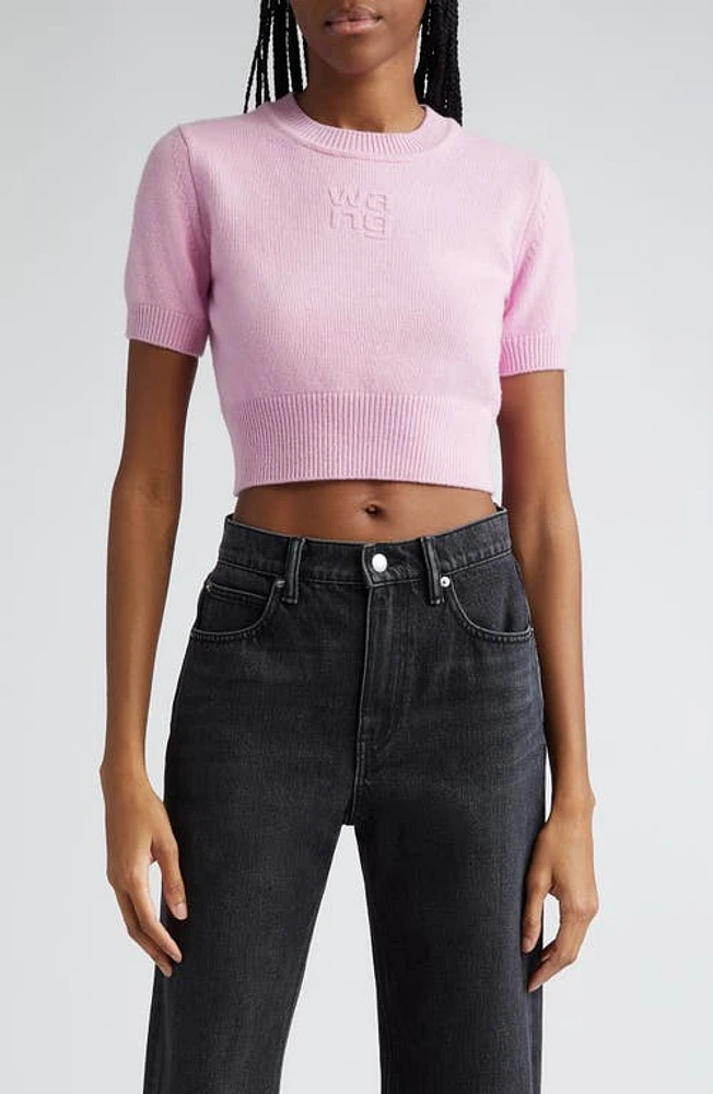 Alexander Wang Embossed Logo Short Sleeve Crop Cotton & Wool Sweater at Nordstrom,