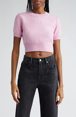 Alexander Wang Embossed Logo Short Sleeve Crop Cotton & Wool Sweater at Nordstrom,