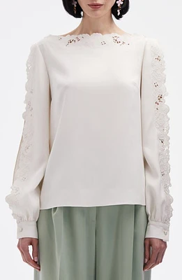 Oscar de la Renta Broderie Anglaise Long Sleeve Top Ivory at Nordstrom,