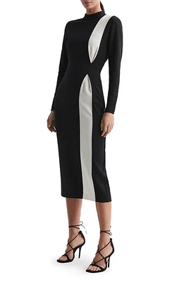 Reiss Millie Colorblock Long Sleeve Midi Dress Black White at Nordstrom,