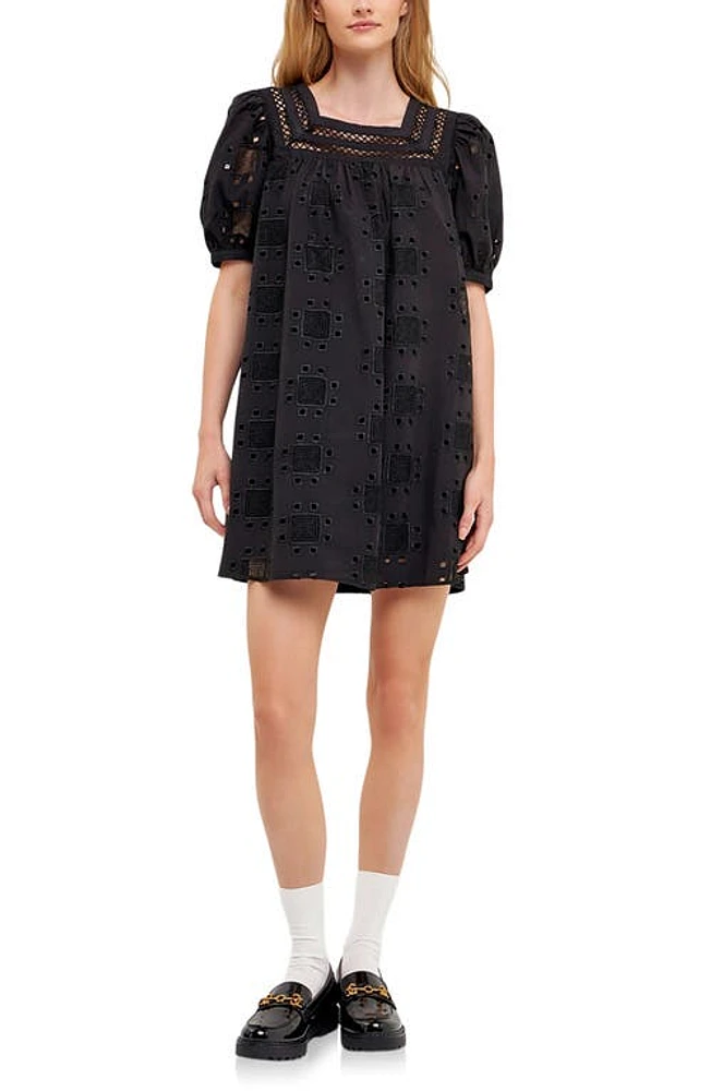 English Factory Embroidered Cotton Eyelet Shift Dress in Black at Nordstrom, Size X-Small