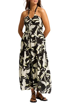 Seafolly Birds of Paradise Halter Tiered Cotton Cover-Up Maxi Dress in Black at Nordstrom, Size Medium