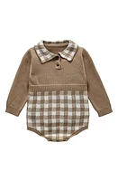 Ashmi & Co. Hazel Gingham Long Sleeve Knit Cotton Bodysuit in Coffee at Nordstrom