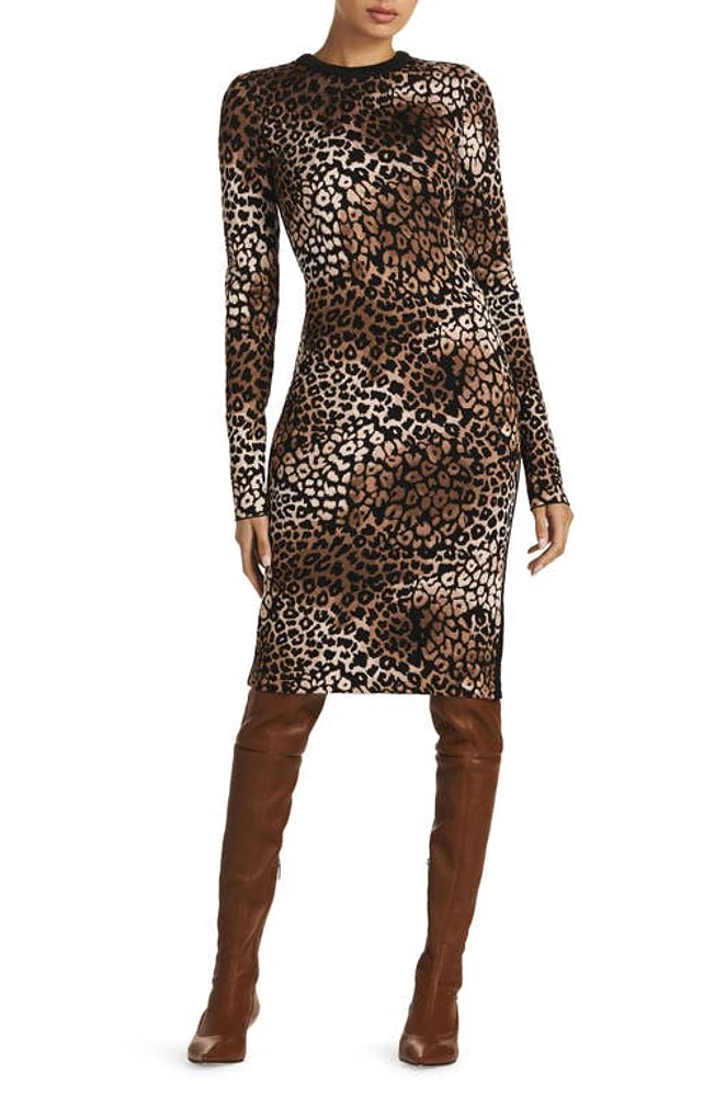 St. John Collection Leopard Jacquard Long Sleeve Body-Con Knit Dress Camel/Black Multi at Nordstrom,