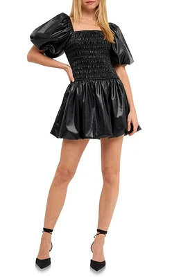 Endless Rose Smocked Balloon Sleeve Faux Leather Babydoll Dress in Black at Nordstrom, Size Small