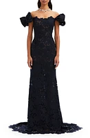 Oscar de la Renta Botanical Off the Shoulder Guipure Lace Gown with Train Navy at Nordstrom,