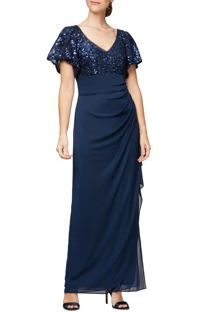 Alex Evenings Sequin Lace & Ruched Chiffon Gown Navy at Nordstrom