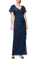 Alex Evenings Sequin Lace & Ruched Chiffon Gown Navy at Nordstrom