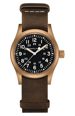 Hamilton Khaki Field Mechanical Leather Strap Watch, 38mm in Brown at Nordstrom