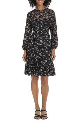 Maggy London Floral Lace Long Sleeve Fit & Flare Dress in Black Multi at Nordstrom, Size 4