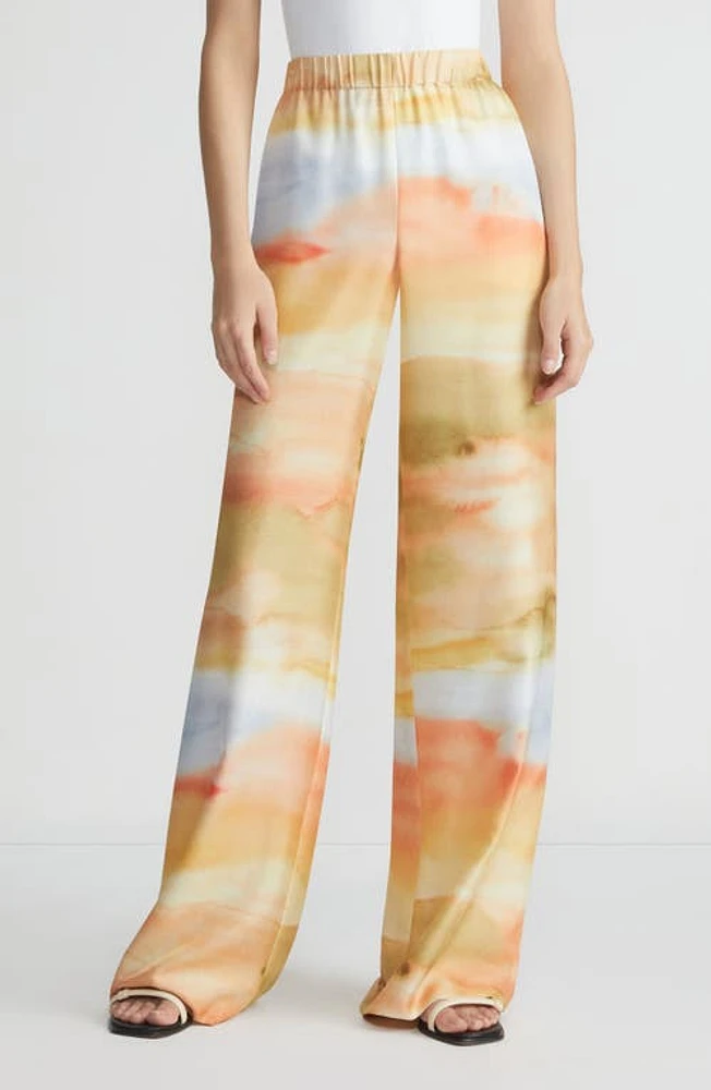 Lafayette 148 New York Riverside Horizon Print Silk Twill Pants Straw Multi at Nordstrom,