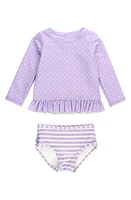 RuffleButts Kids' Heart Stripe Long Sleeve Two-Piece Swimsuit Purple at Nordstrom,