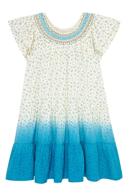 Peek Aren'T You Curious Kids' Floral Smocked Tiered Dip Dye Dress in Blue/Ivory Print at Nordstrom, Size 2T