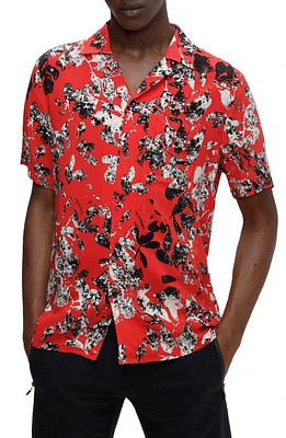 BOSS Ellino Short Sleeve Linen Button-Up Camp Shirt Open Red at Nordstrom,