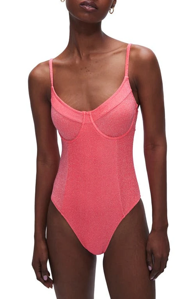 Good American Sparkle Show Off Underwire One-Piece Swimsuit in Fiery Coral 002 at Nordstrom, Size 4