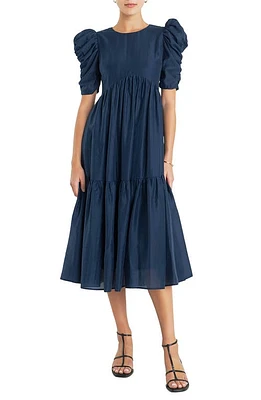 English Factory Puff Sleeve Midi Dress Navy at Nordstrom,