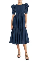 English Factory Puff Sleeve Midi Dress Navy at Nordstrom,