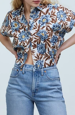 Madewell Floral Short Sleeve Linen Crop Button-Up Shirt Stonewash Blue at Nordstrom,