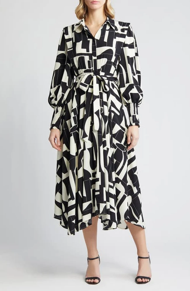 ZOE AND CLAIRE Abstract Print Long Sleeve Tie Belt Midi Dress Ivory/Black at Nordstrom,