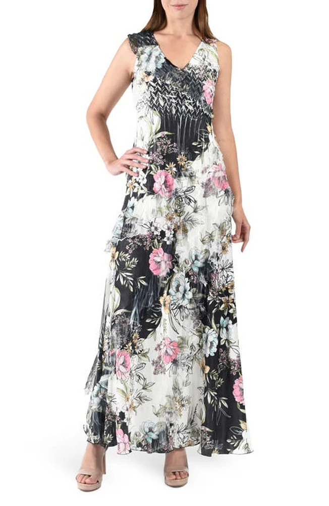 Komarov Floral Ruffle Sleeveless Chiffon & Charmeuse Gown in Daisy Vine at Nordstrom, Size Small