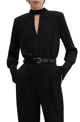 MANGO Belted Long Sleeve Jumpsuit Black at Nordstrom,