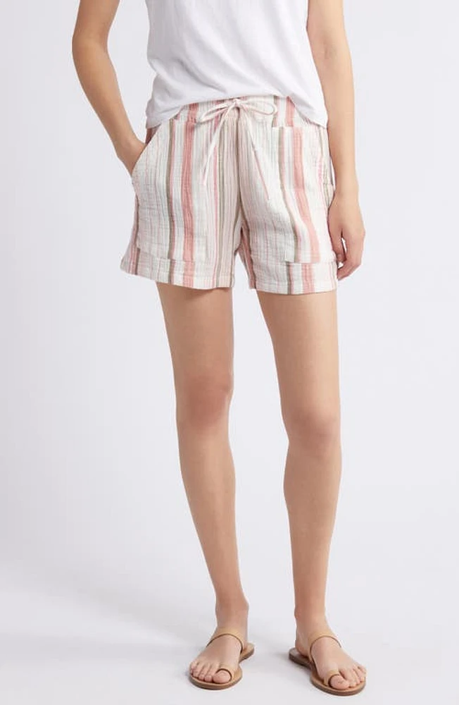 caslon(r) Stripe Cotton Gauze Drawstring Shorts Ivory- Coral Pink at Nordstrom,