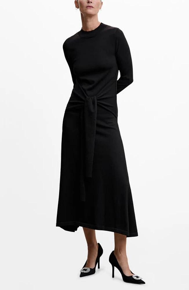 MANGO Bow Front Long Sleeve Sweater Dress in Black at Nordstrom, Size 4