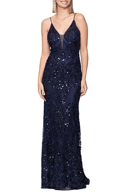 Betsy & Adam Illusion Sequin Column Gown Navy at Nordstrom,