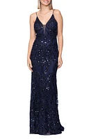 Betsy & Adam Illusion Sequin Column Gown Navy at Nordstrom,