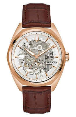 BULOVA Surveyor Automatic Leather Strap Watch, 41mm in Rose Gold-Tone at Nordstrom