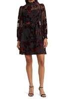 Eliza J Smocked Trim Long Sleeve Velvet Burnout Dress in Black at Nordstrom, Size 6