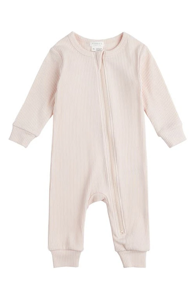 FIRSTS by Petit Lem Organic Cotton & Modal Rib Fitted Pajama Romper Pink Light at Nordstrom,