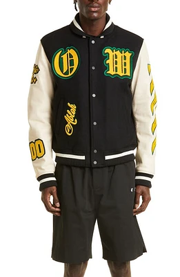 Off-White Stretch Wool Blend & Leather Varsity Jacket Black/Yellow at Nordstrom, Us