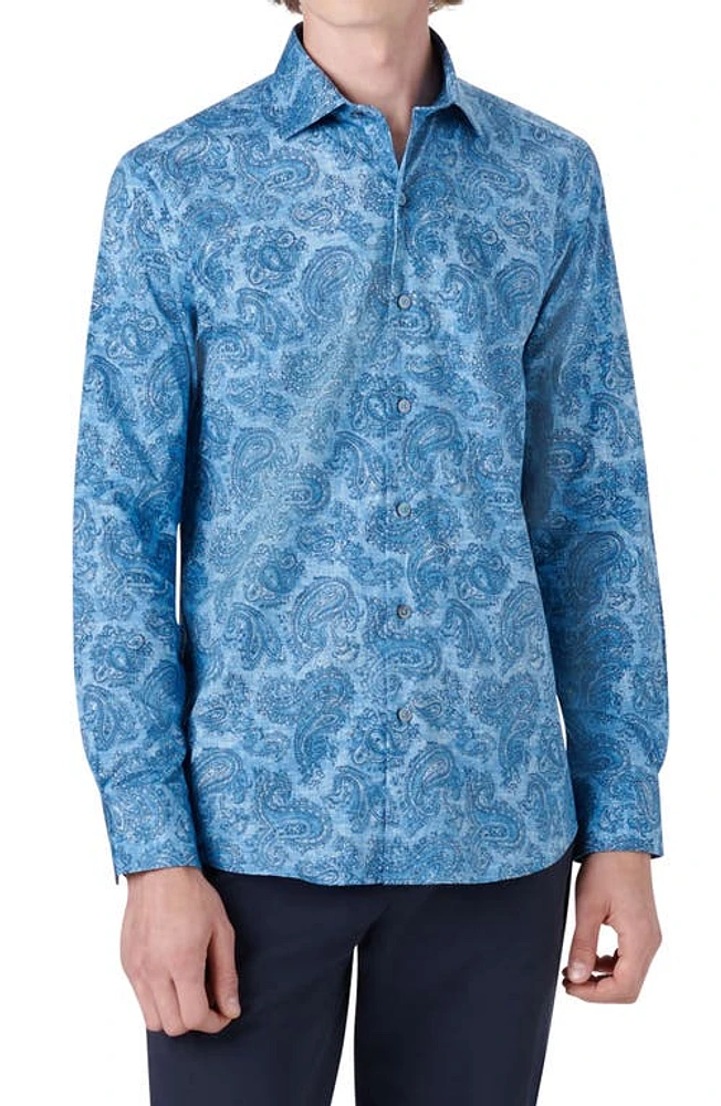 Bugatchi Shaped Fit Paisley Stretch Button-Up Shirt in Classic Blue at Nordstrom, Size X-Large