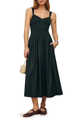 Reformation Sariah Smocked Organic Cotton Midi Dress Black at Nordstrom,