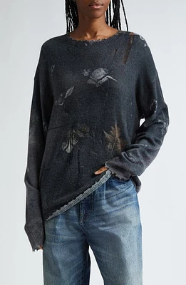 R13 Floral Oversize Distressed Cashmere Sweater Black at Nordstrom,