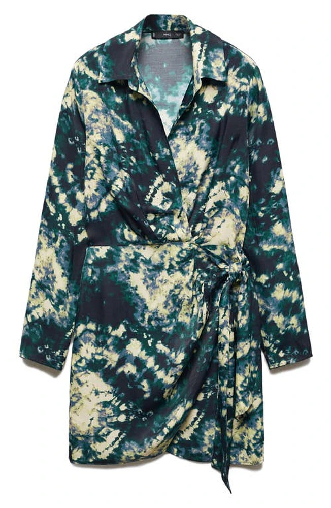 MANGO Tie Dye Long Sleeve Wrap Shirtdress Green at Nordstrom,