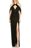 Ieena for Mac Duggal Sequin Keyhole Halter Neck Gown Black at Nordstrom,