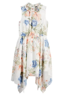 Ava & Yelly Kids' Floral Sleeveless Handkerchief Hem Dress Off White at Nordstrom,