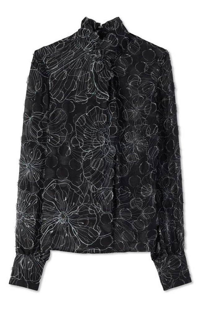 St. John Collection Wildflower Print Silk & Linen Fil Coupé Blouse Black/Silver at Nordstrom,