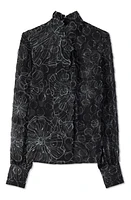 St. John Collection Wildflower Print Silk & Linen Fil Coupé Blouse Black/Silver at Nordstrom,