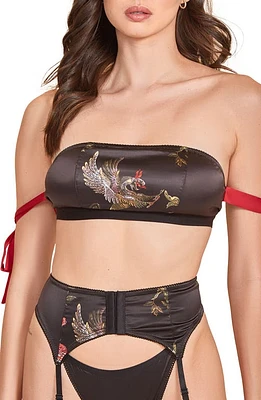 Hauty Printed Satin Bandeau Bra, Garter Belt & Thong Red-Black at Nordstrom,