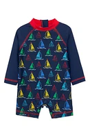 Little Me Kids' Boat Print Long Sleeve Rashguard Swumsuit Blue at Nordstrom,