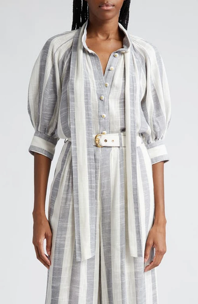 Zimmermann Matchmaker Swing Stripe Tie Neck Button-Up Shirt Blue/Cream at Nordstrom,